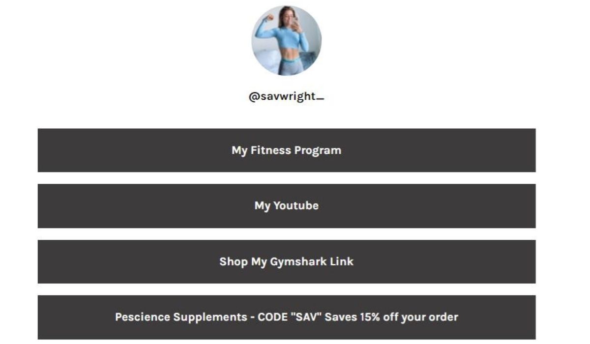 Image of an influencer's LinkTree with affiliate links and codes