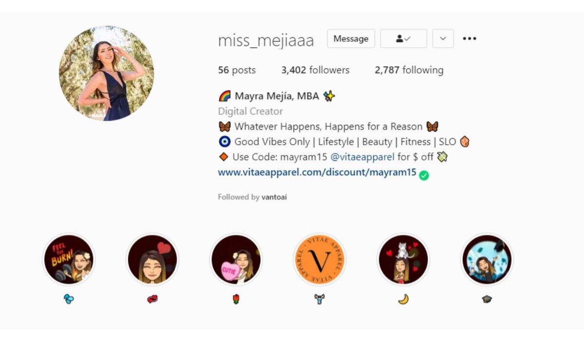 Image of Mayra Mejia's Instagram bio with her Vitae Apparel discount code listed