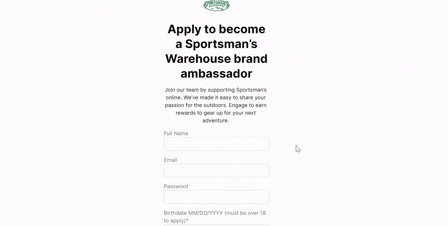 Image of the Sportsman's Warehouse brand ambassador signup form
