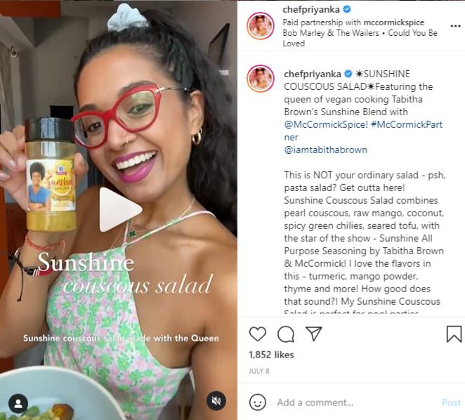 Chef Priyanka paid partnership with McCormick 