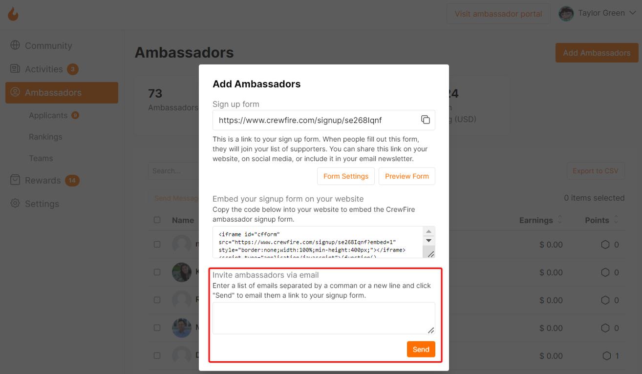 Picture of the CrewFire interface showcasing the 'invite ambassador via email' feature