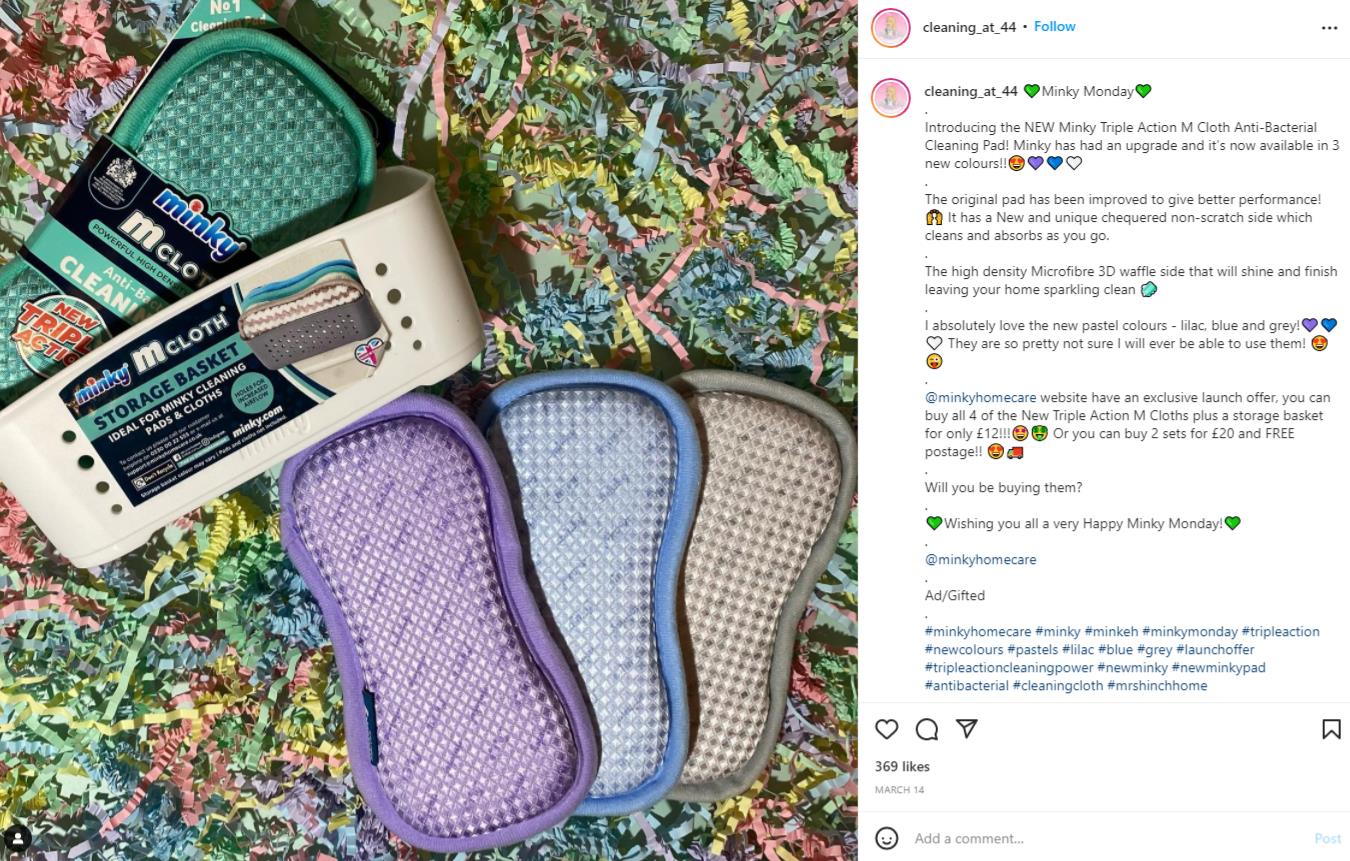 A picture of a Minky Homecare brand ambassador product image with a Minky product 