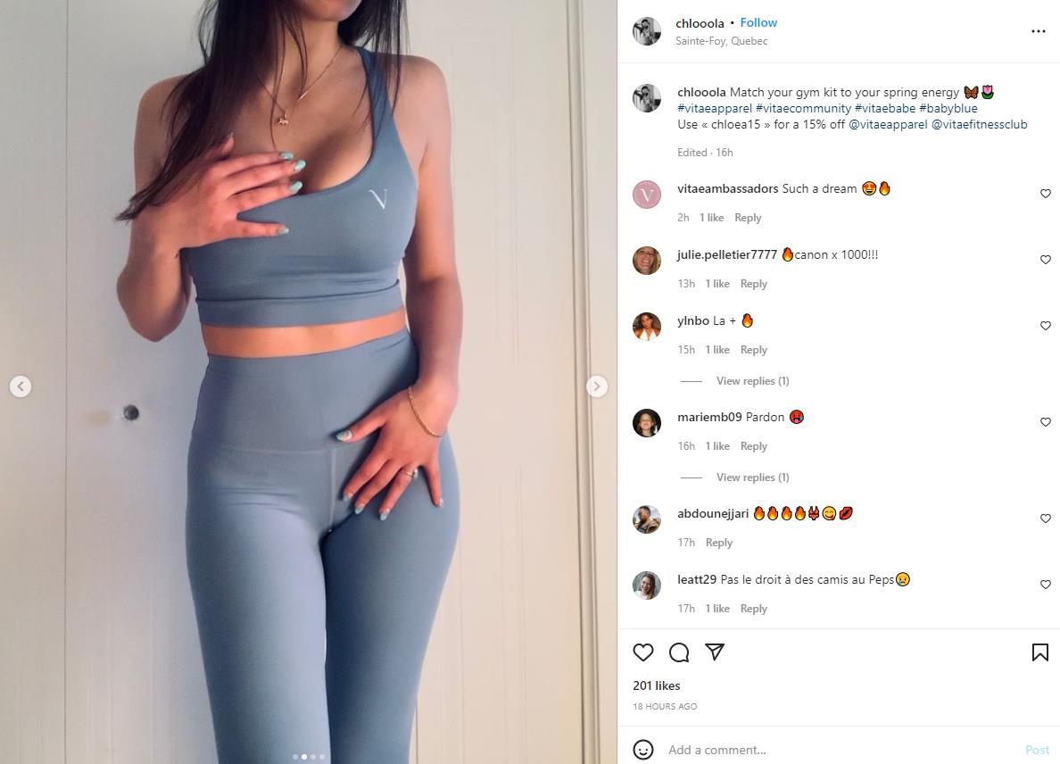 image of a Instagram post from Vitae Apparel ambassador in a blue fitness set