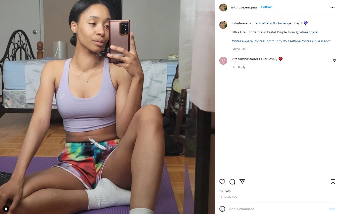 Instagram post from a vitae apparel brand ambassador is a pastel purple sports bra and rainbow shorts