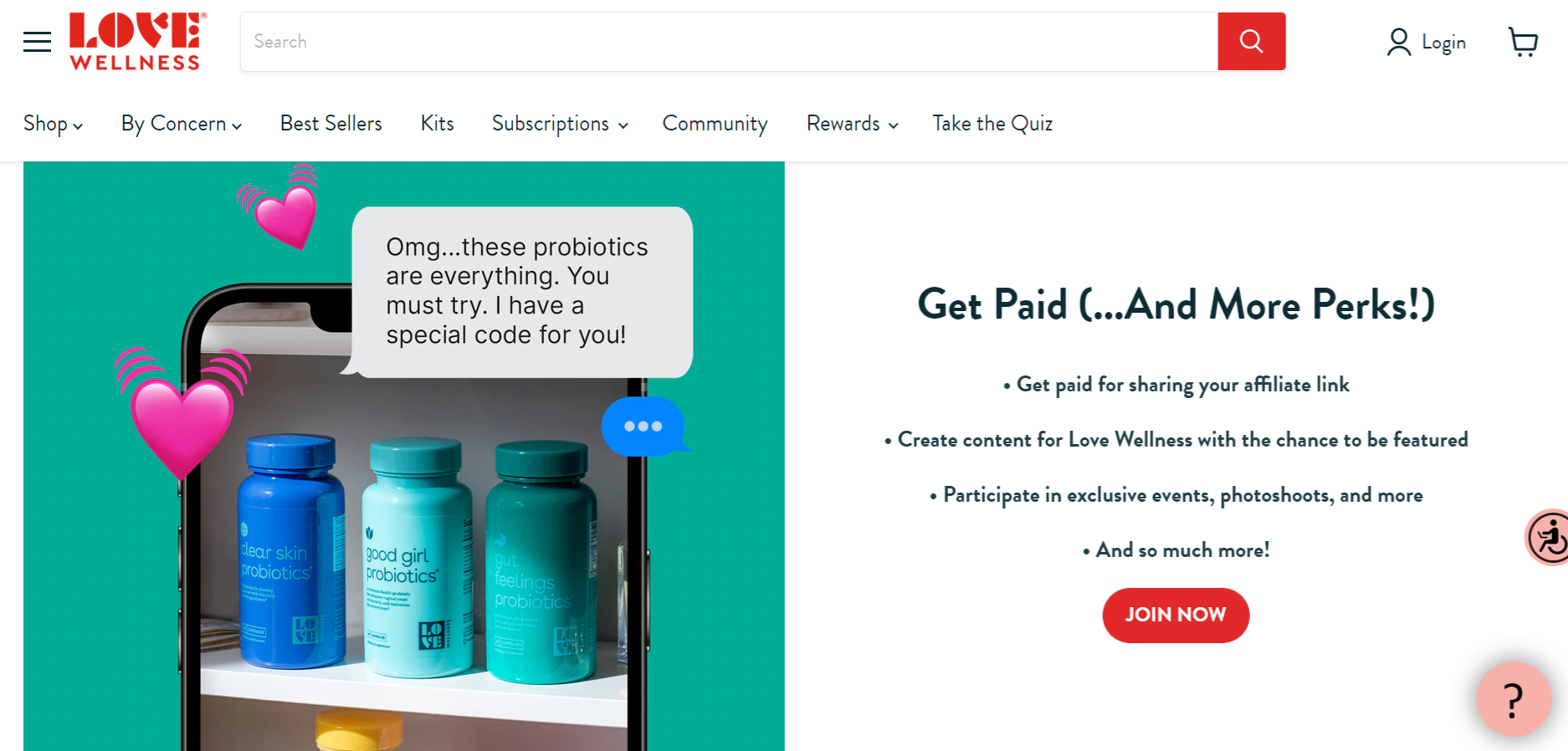 Image of the Love Wellness ambassador program landing page detailing how the program works 